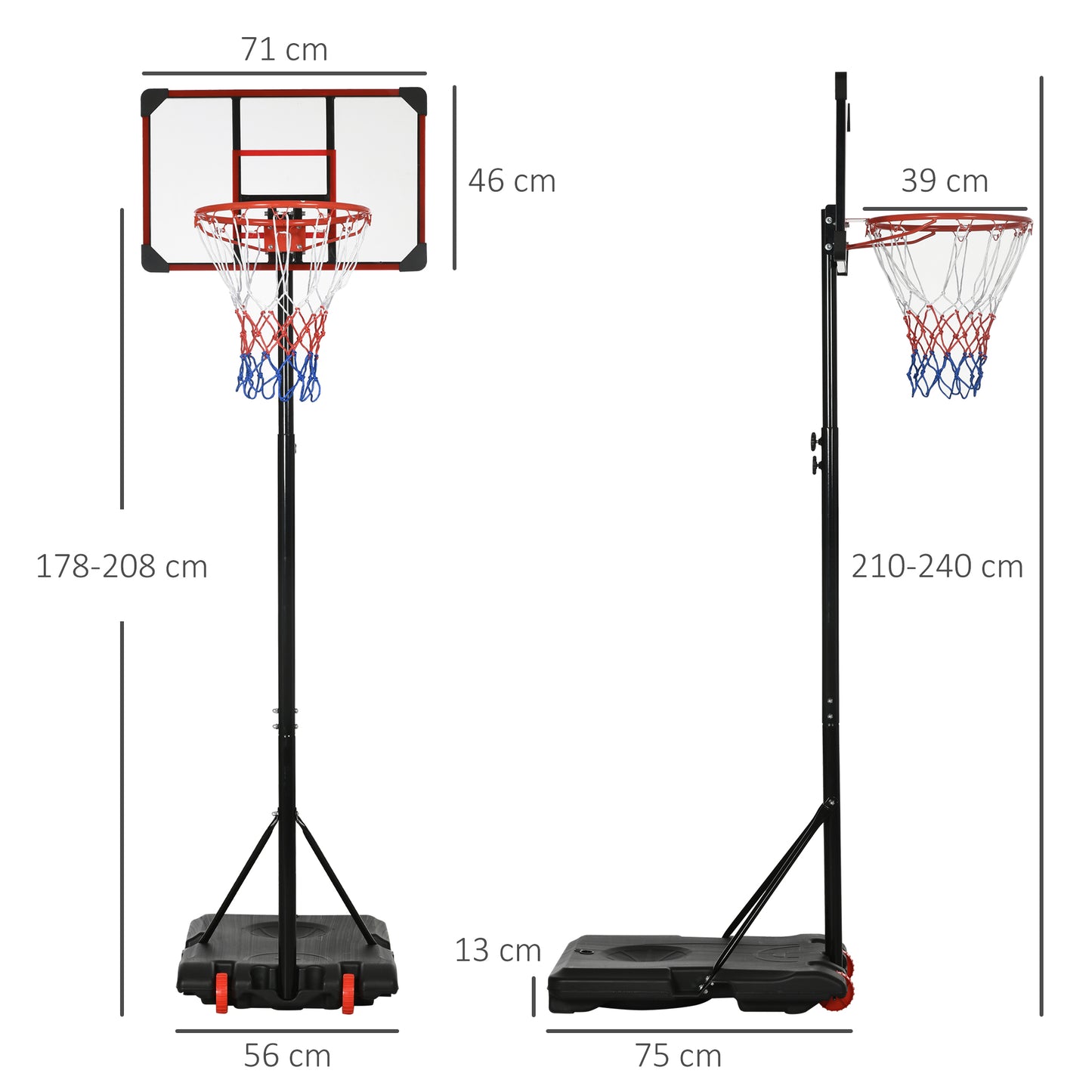 SPORTNOW Basketball Stand with Hoop, Height Adjustable, for Kids with Sturdy Backboard and Weighted Base, Portable on Wheels, 1.8-2m