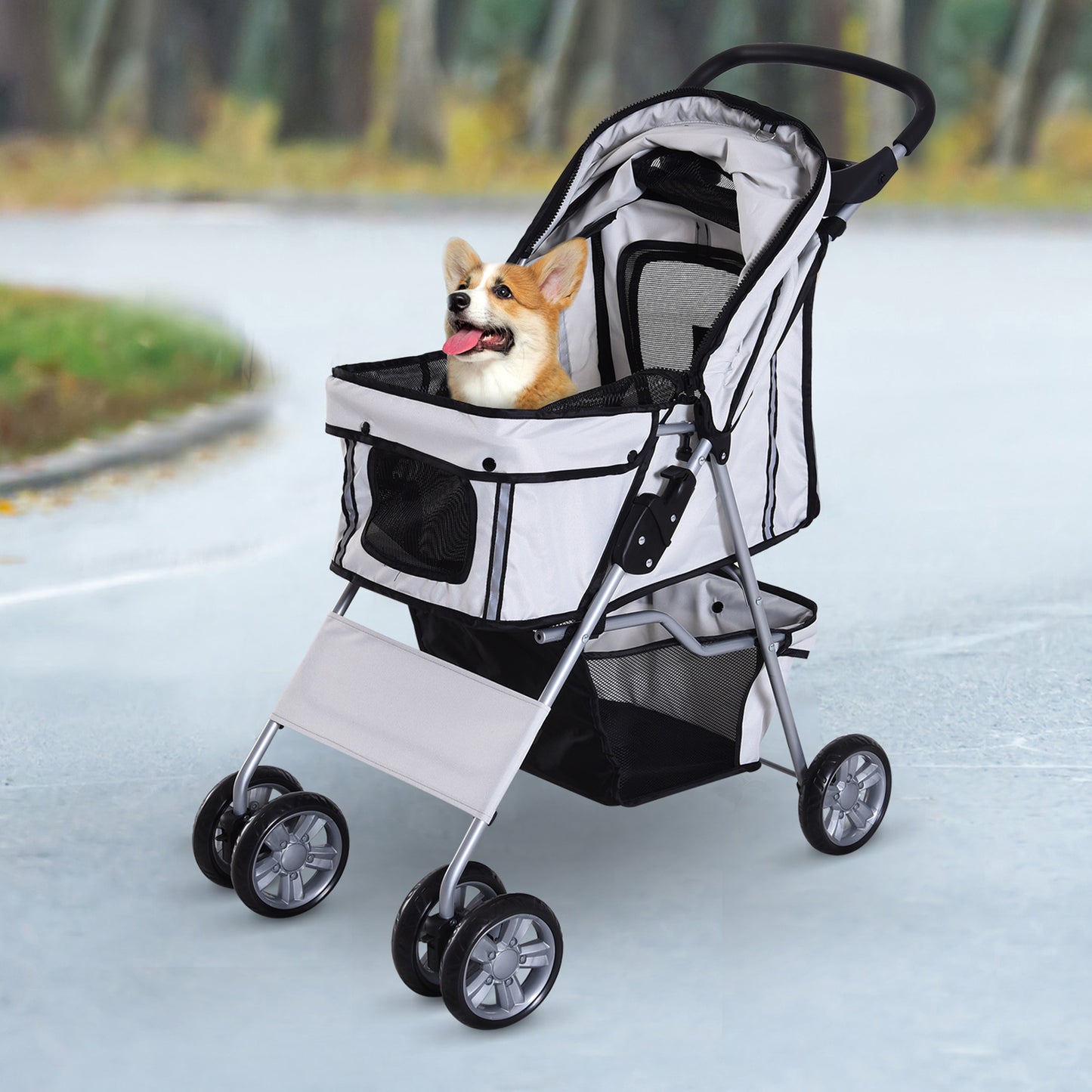 PawHut Cat Pushchair, Foldable, W/ 4 Wheels - Grey & Silver 