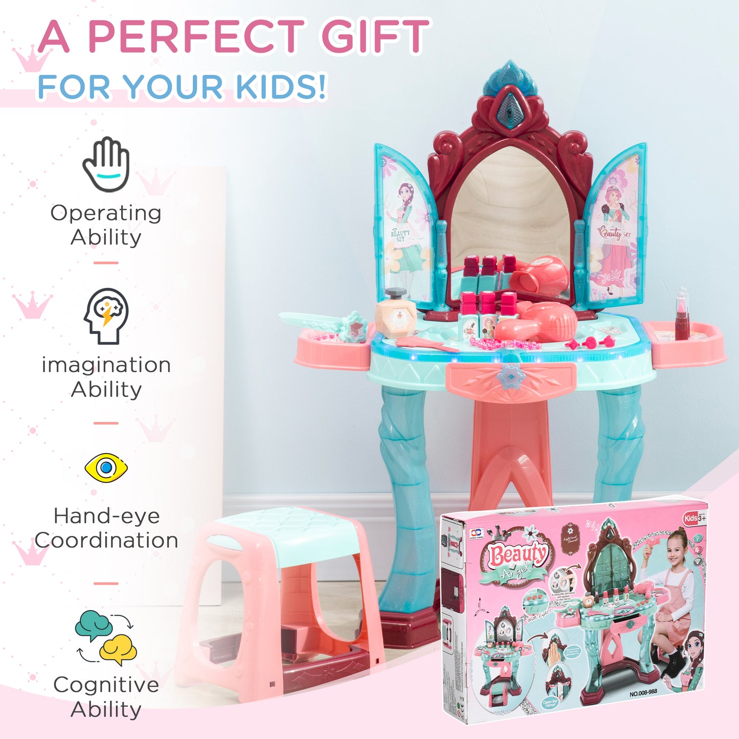 Childrens Vanity Table with Lights, Kids Furniture Vanity & Stool Dressing Table, Blue+Pink