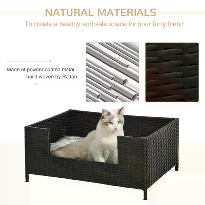 Rattan Dog Bed Four Feet Dog House Hand-knitted Metal Small Animal Sofa Rattan with Soft Machine Washable Cushion Black