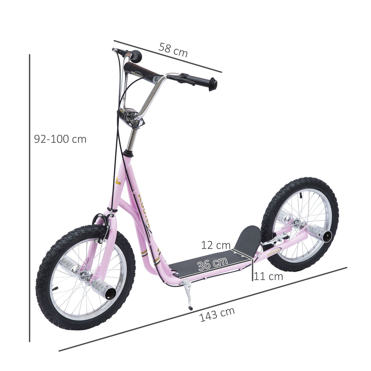 Big Wheel Scooter, Bicycle Scooter, for Kids, Hight Adjustable, Pneumatic 16" Tyres, Max Load 100KG,  Pink