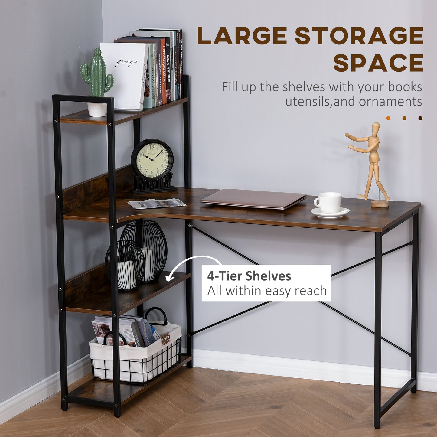 L Shaped Desk with Storage, w/4-Tier Storage Shelf Metal Frame