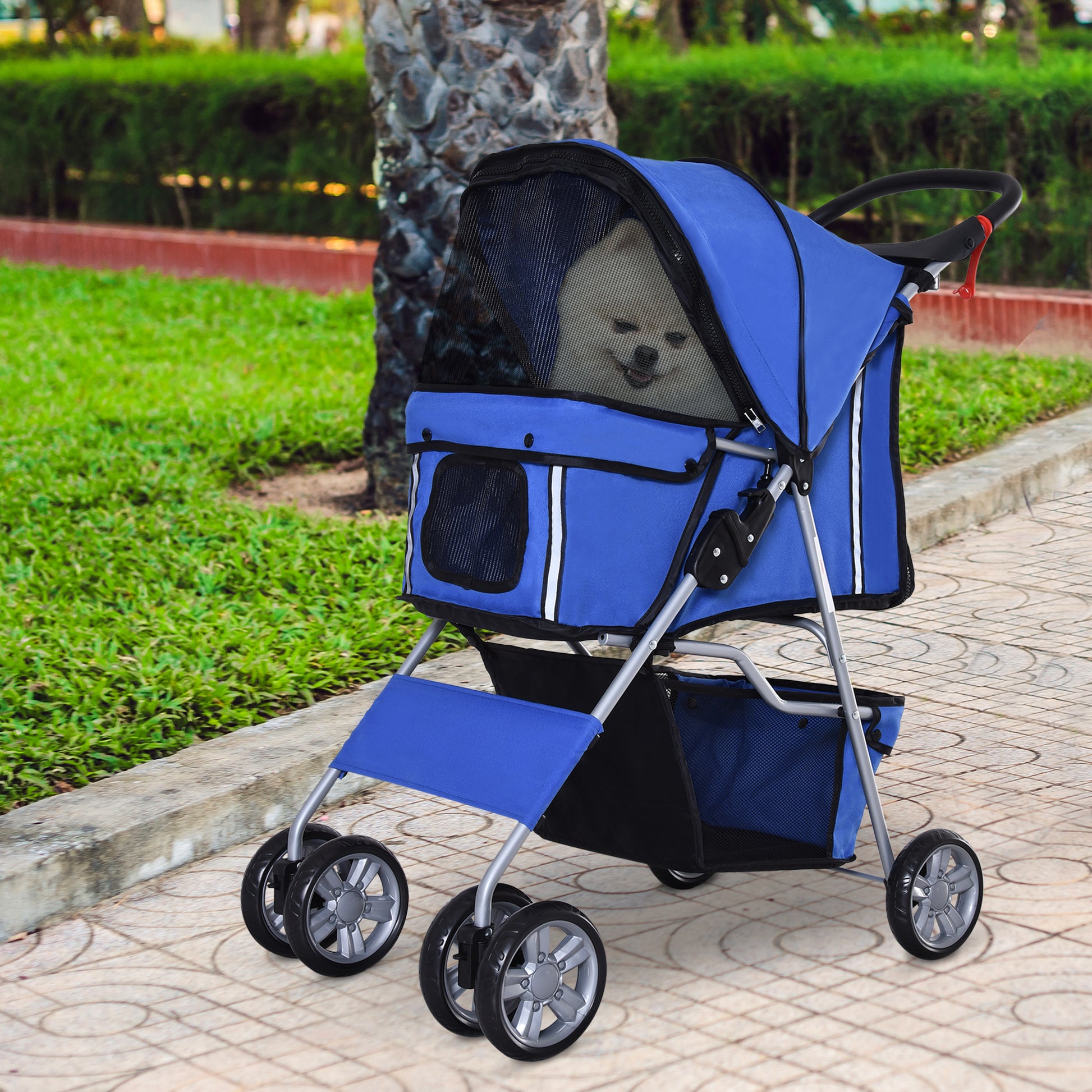 PawHut Cat Stroller Pram Pushchair, Foldable, W/ 4 Wheels - Blue/Silver 