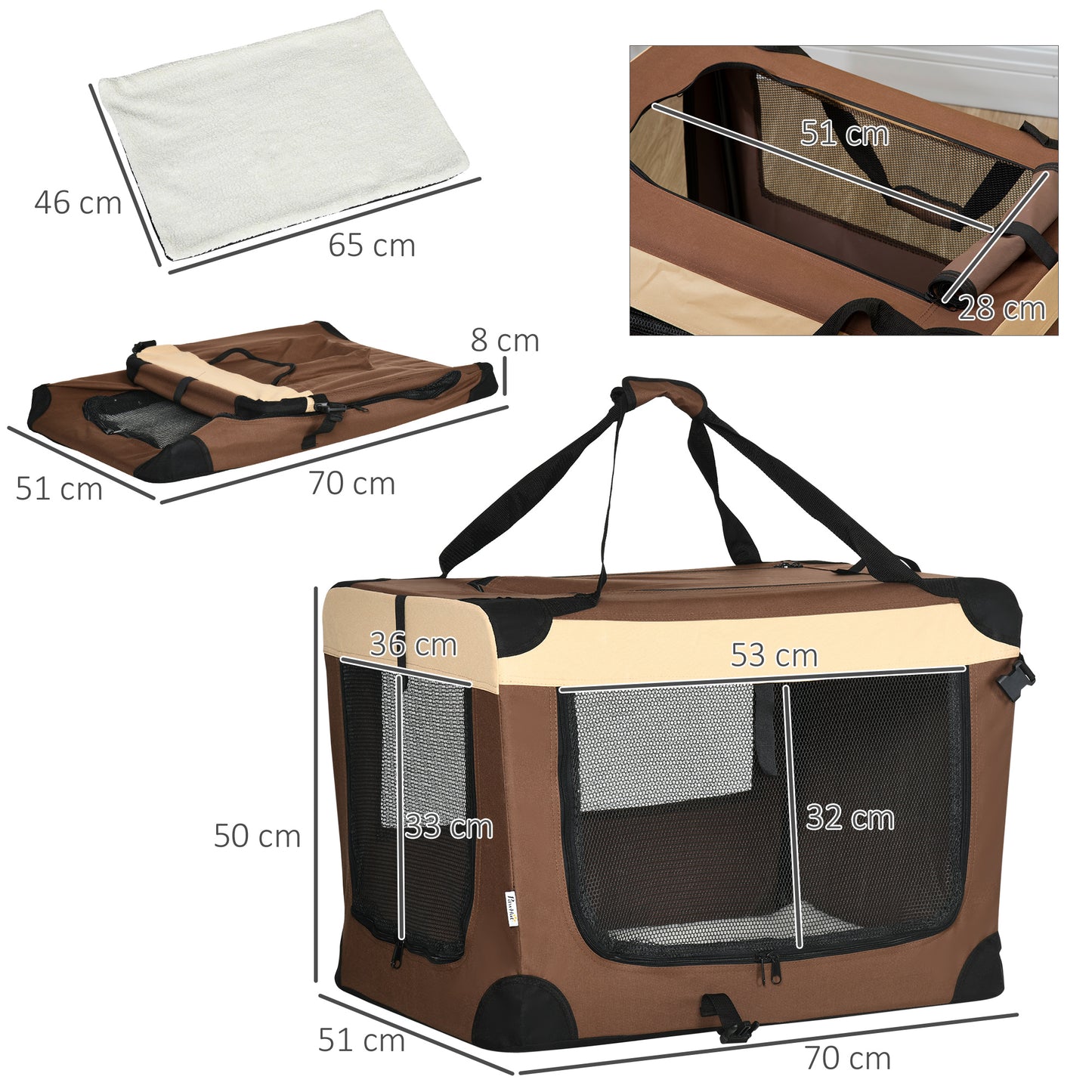 Cat Carrier, Dog Carrier, Dog Travel Crate, Folding, with Soft Cushion Mesh Window Fabric 70Lx51Wx50Hcm - Brown