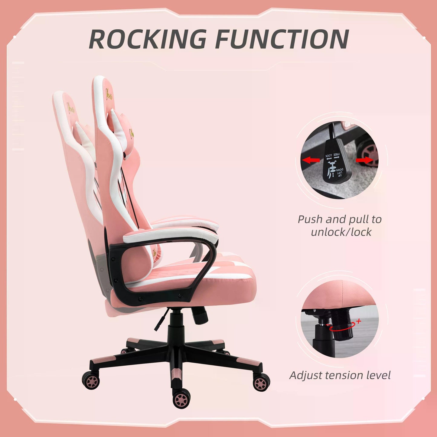 Pink Gaming Chair, Ergonomic with Lumbar Support, Headrest, Swivel Wheel, PVC Leather Gamer Desk Chair for Home Office,