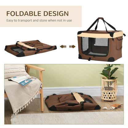 Cat Carrier, Dog Carrier, Dog Travel Crate, Folding, with Soft Cushion Mesh Window Fabric 70Lx51Wx50Hcm - Brown