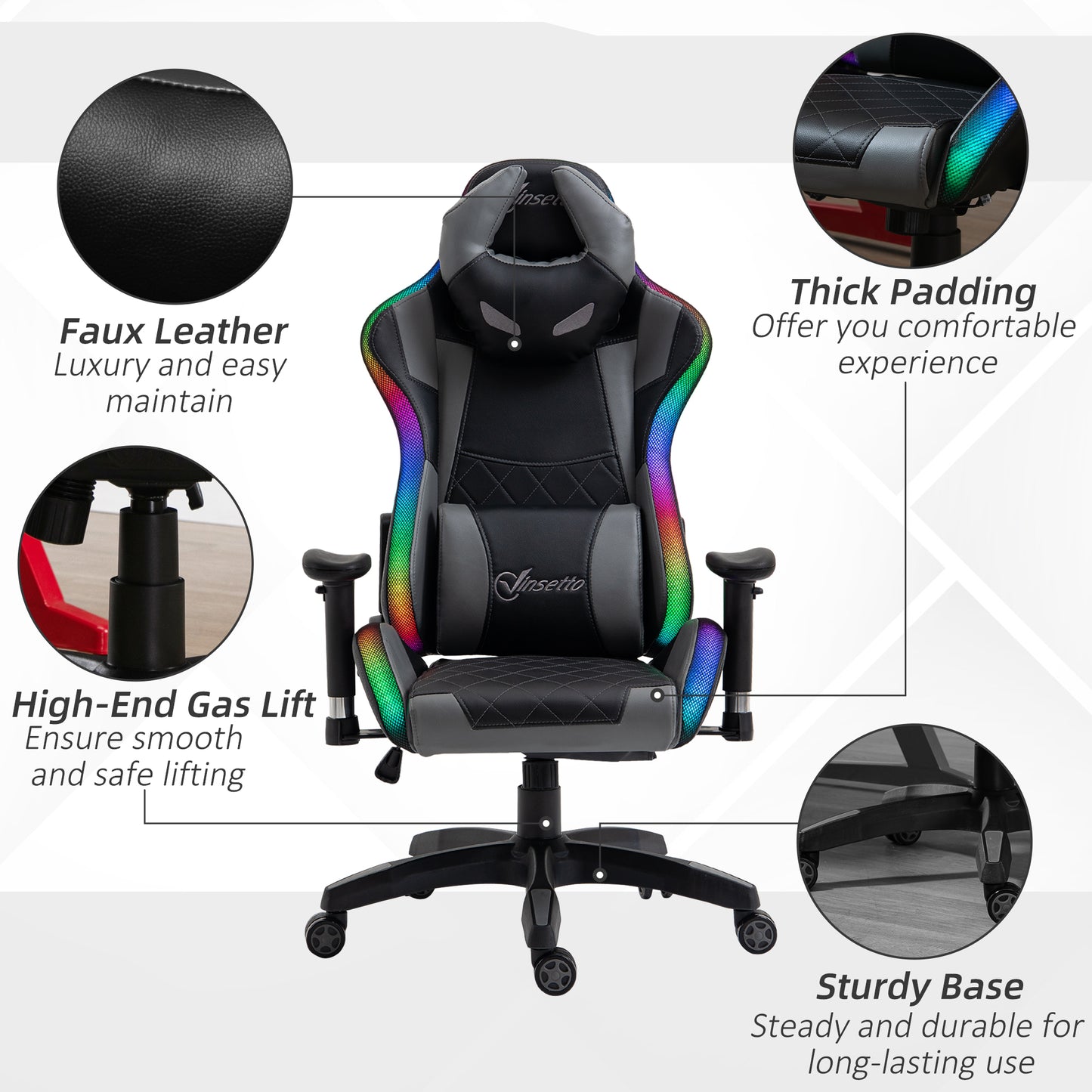 Ergonomic Gaming Chair with RGB LED Light, Lumbar Support, Gamer Recliner, Grey