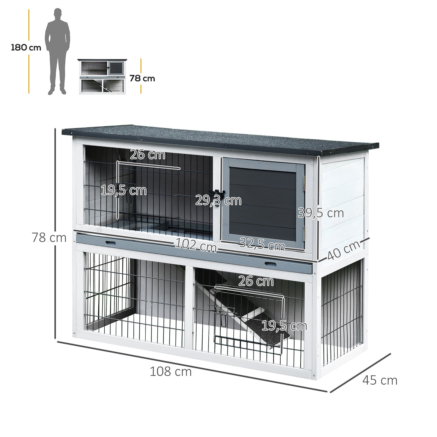 Small Animal Two-Level Fir Wood Hutch w/ Slide Out Tray Grey