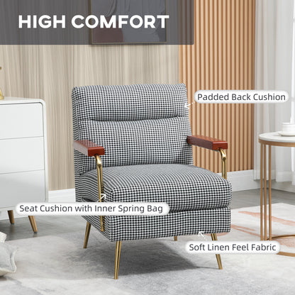 Modern Accent Chair Linen Fabric Armchair with Houndstooth Pattern Gold Steel Legs for Living Room and Bedroom