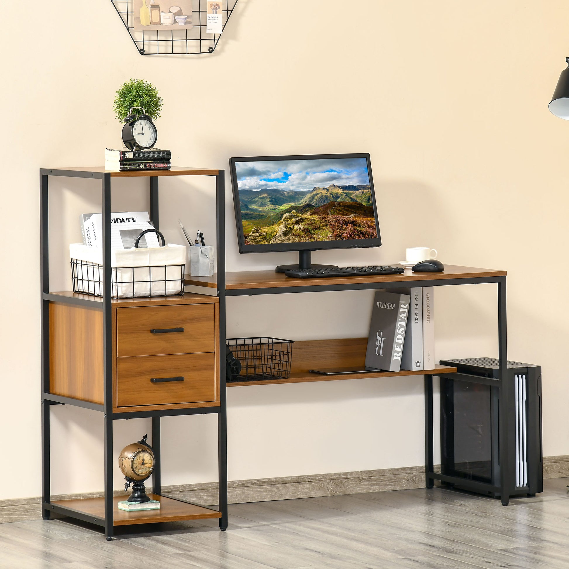 HOMCOM Corner Desk with Storage, with Drawers, for Bedroom, Study Room, Walnut Brown Black 