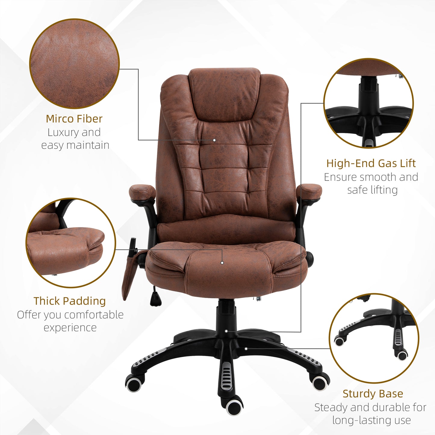 Executive Office Chair, Massage, Microfiber, 130° Reclining, 360° Swivel, Heating, Tilt, Brown