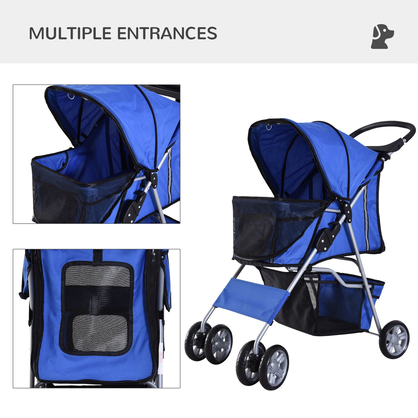 Cat Stroller Pram Pushchair, Foldable, W/ 4 Wheels - Blue/Silver