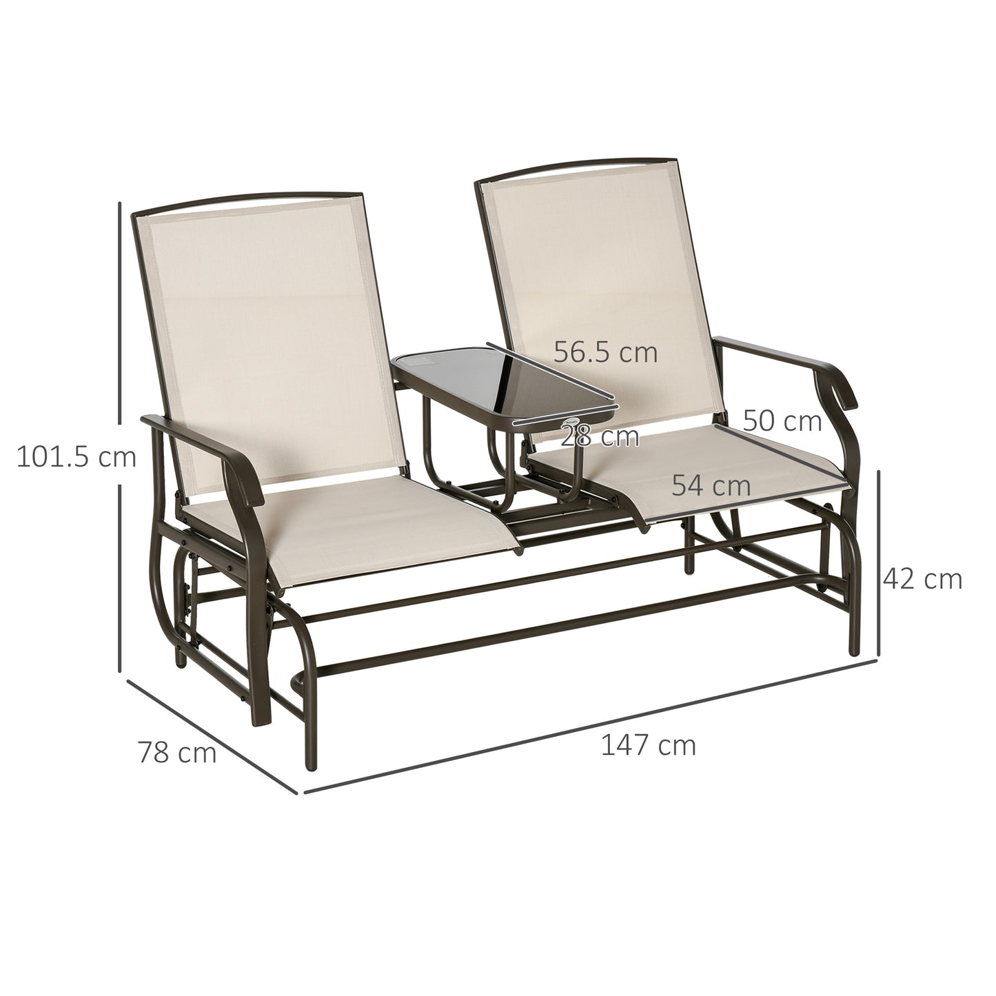 2 Seater Metal Double Swing Chair Glider Rocking Chair Seat Outdoor Seater Garden Furniture Patio Porch With Table Brown & Khaki