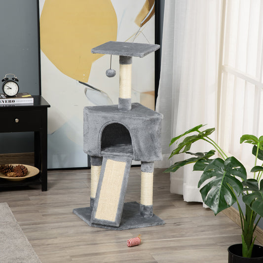 PawHut Cat Tower, Cat Stand, Cat Tree for Kitten, w/ Scratching Post, Cat Cando, Hanging Ball, Soft Touch, 98cm Grey 