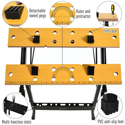 Sawhorse, Foldable Workbench, MDF Top, w Adjustable Clamps Black