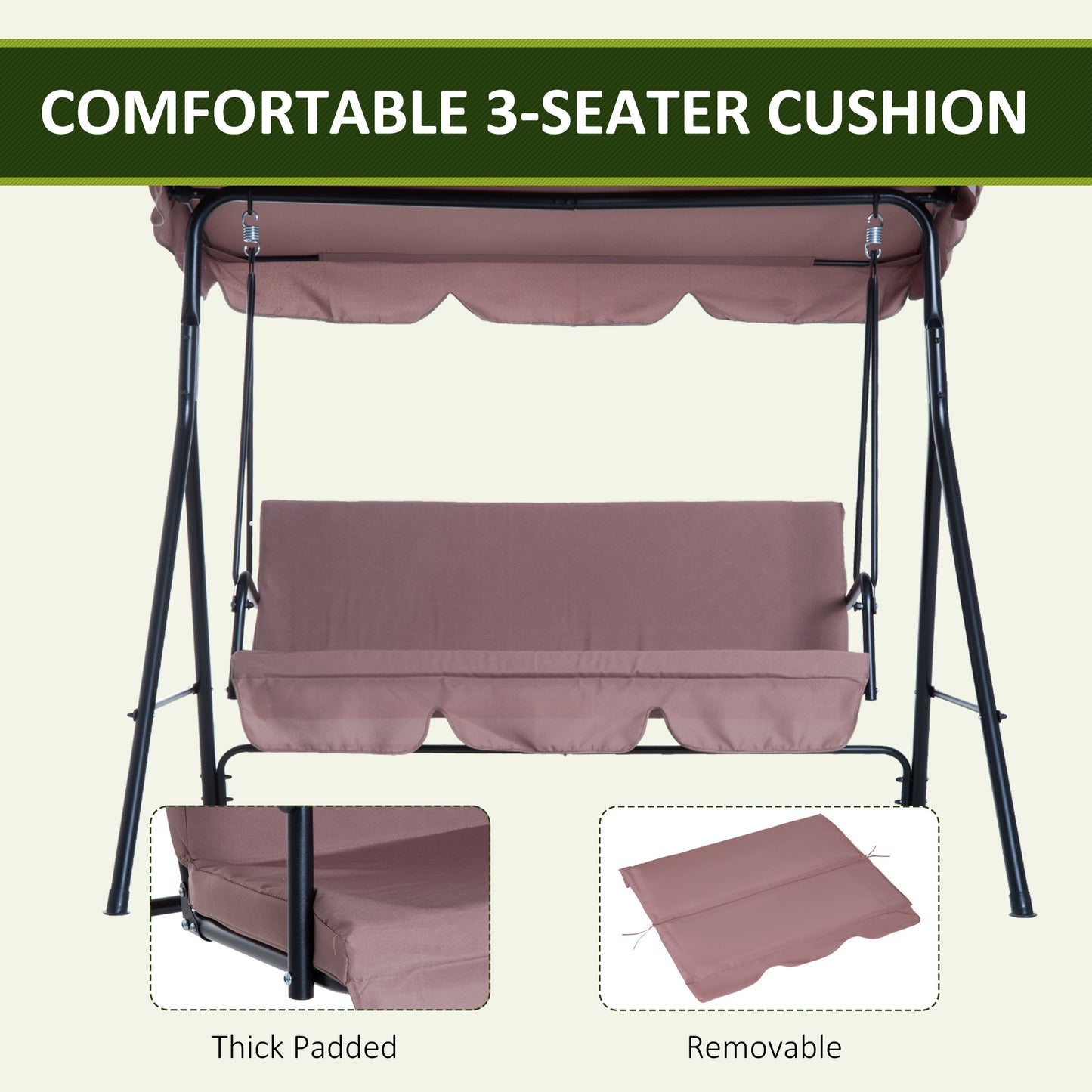 3 Seater Canopy Swing Chair Heavy Duty Outdoor Garden Bench with Sun Cover Metal Frame - Brown