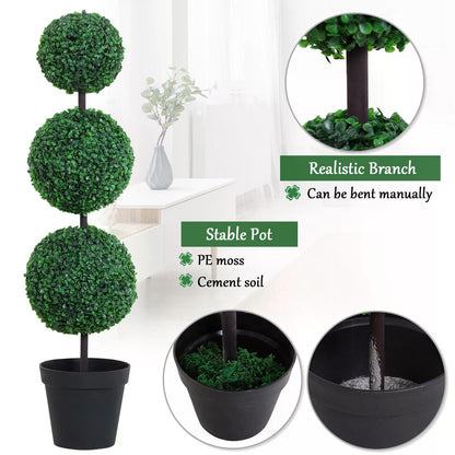 Ball Artificial Plants, PE, Set of 2, Boxwood Three Balls Topiary Plant Tree's Green