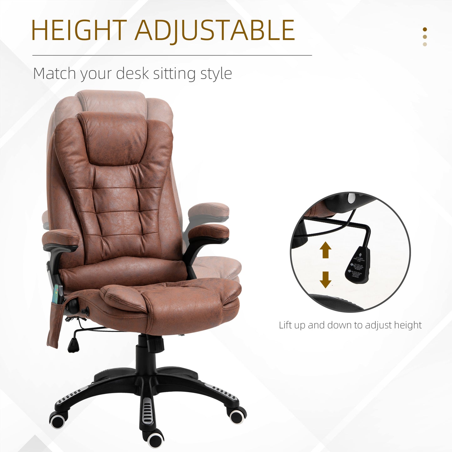 Executive Office Chair, Massage, Microfiber, 130° Reclining, 360° Swivel, Heating, Tilt, Brown