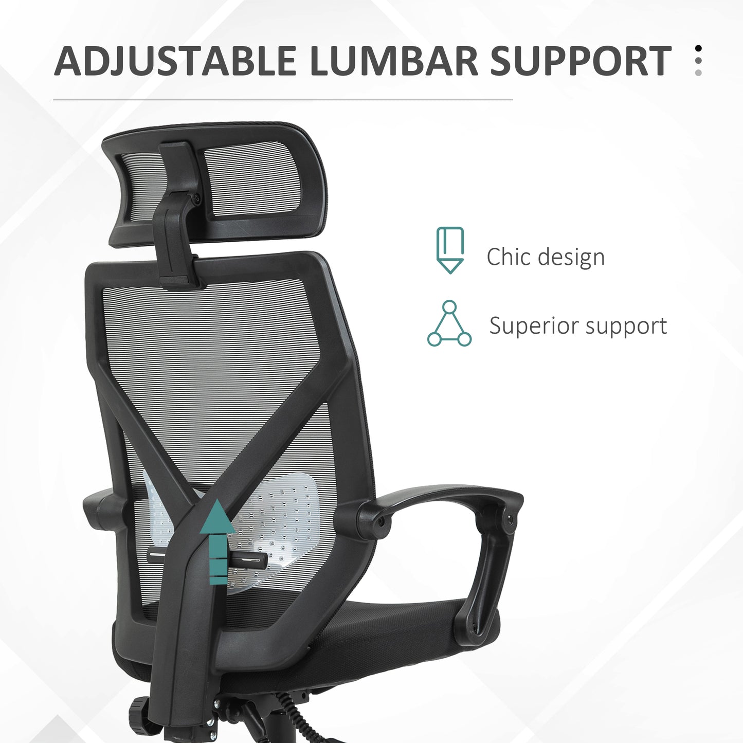 Back Support Chair for Home, Mesh, Ergonomic w/ Removable Headrest 5 Wheels Armrests Support 360° Swivel