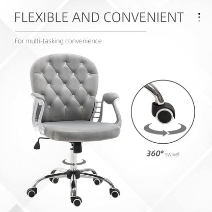 Velour Office Chair Diamante Tufted Padded Ergonomic 360° Swivel Desk Chair 5 Castor Wheels Home Work