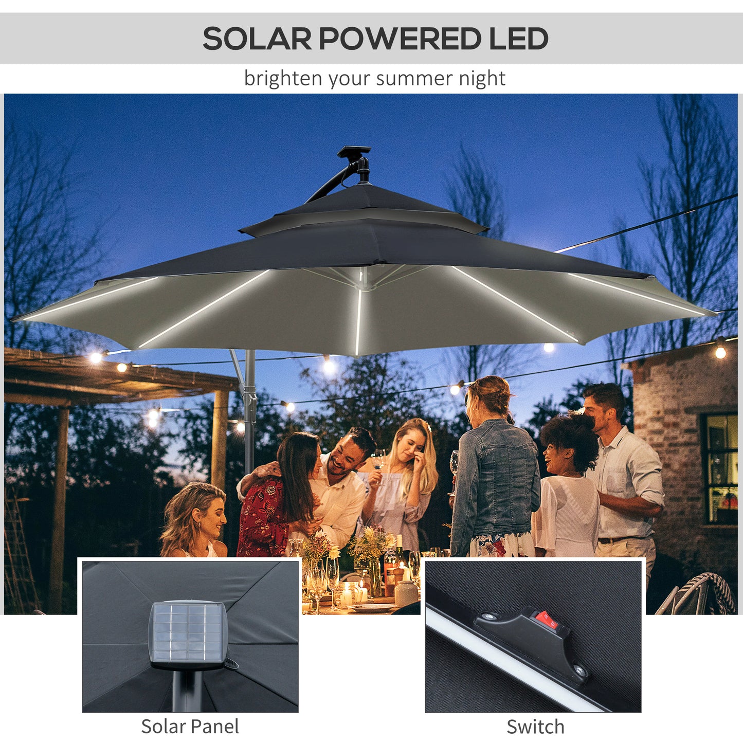 3(m) Cantilever Banana Parasol Hanging Umbrella with Double Roof, LED Solar lights, Crank, 8 Sturdy Ribs and Cross Base, Black