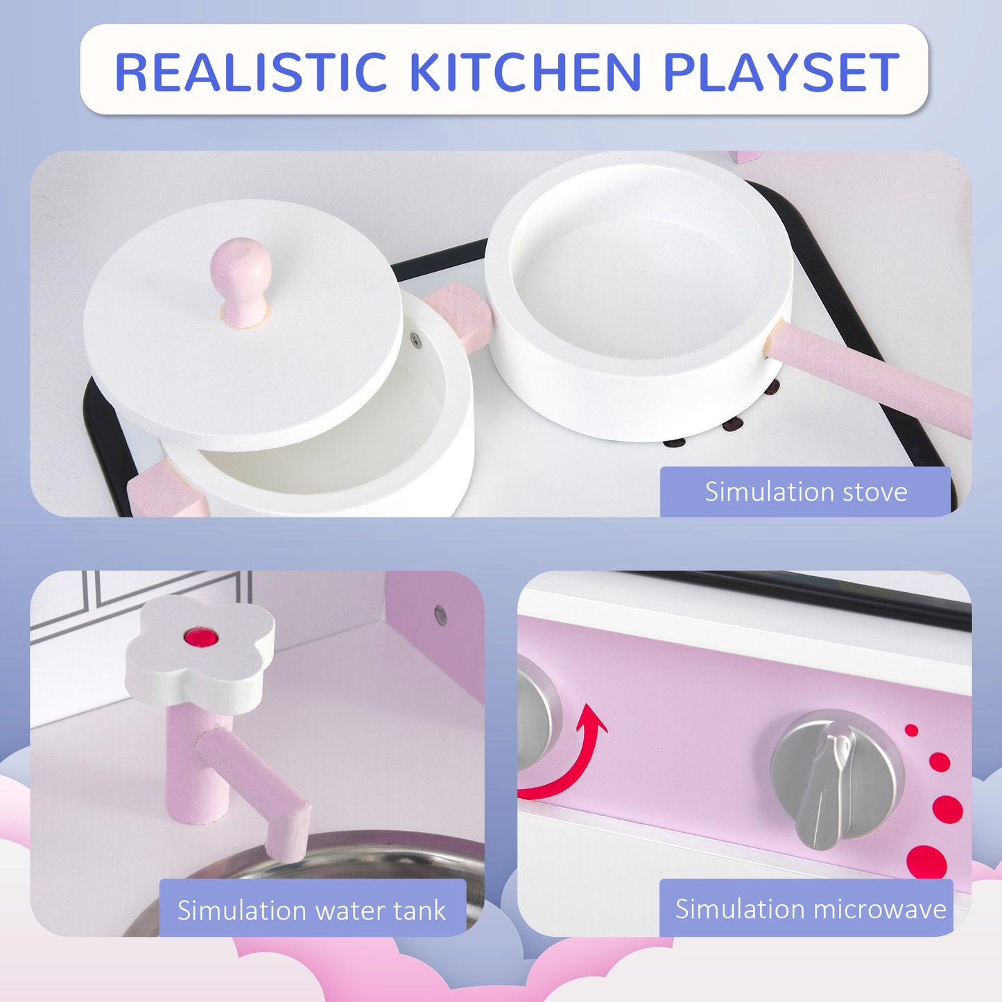 Pink Childrens Kitchen, Role Play Kitchen with Storage Space Kids Kitchen Playset for Children 3+