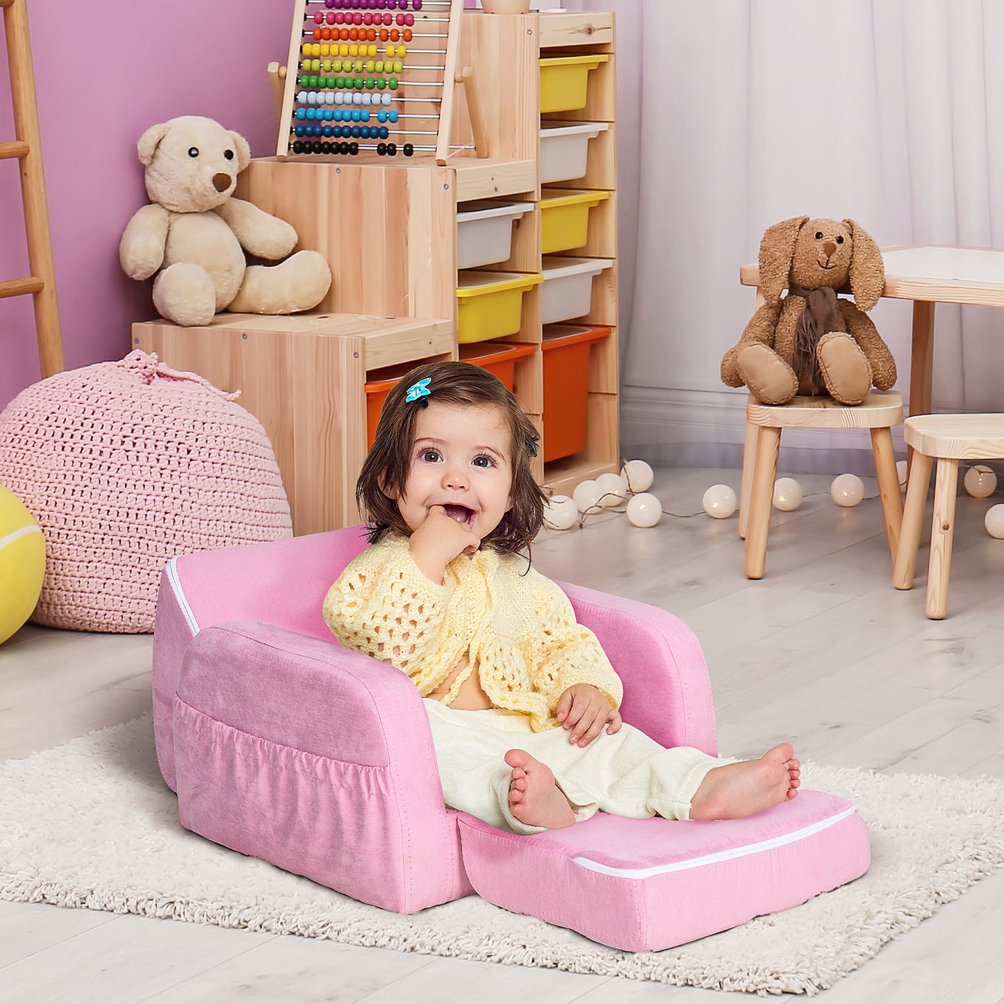 HOMCOM Kids Sofa Children Sofa Multifunctional Durable Flannel Upholstered 2-in-1 Armchair Lounger Anti-Slip Foot Padding - Pink