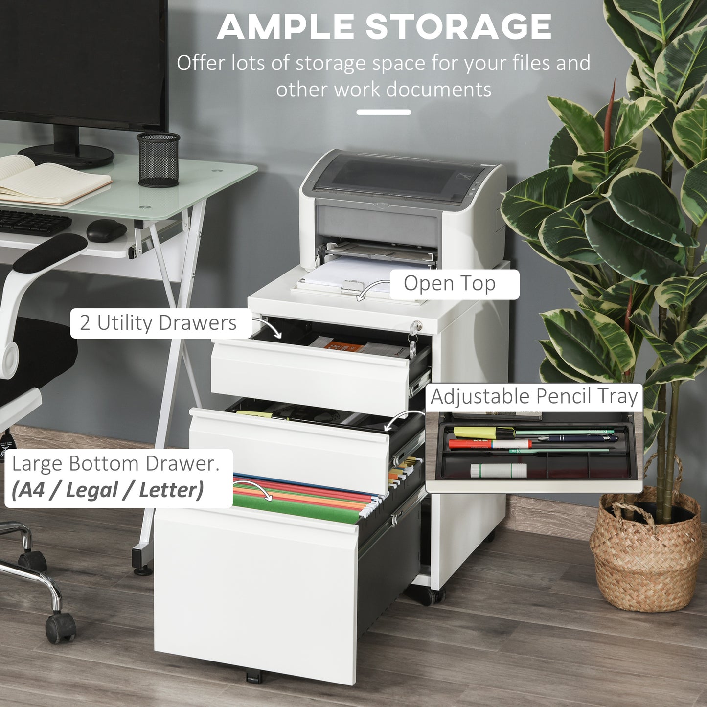 Office Storage Cabinets Mobile Filing Cabinet Lockable Meta with 3 Drawers and Anti-tilt Design