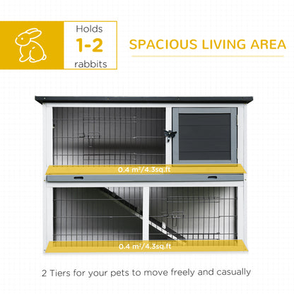 Small Animal Two-Level Fir Wood Hutch w/ Slide Out Tray Grey