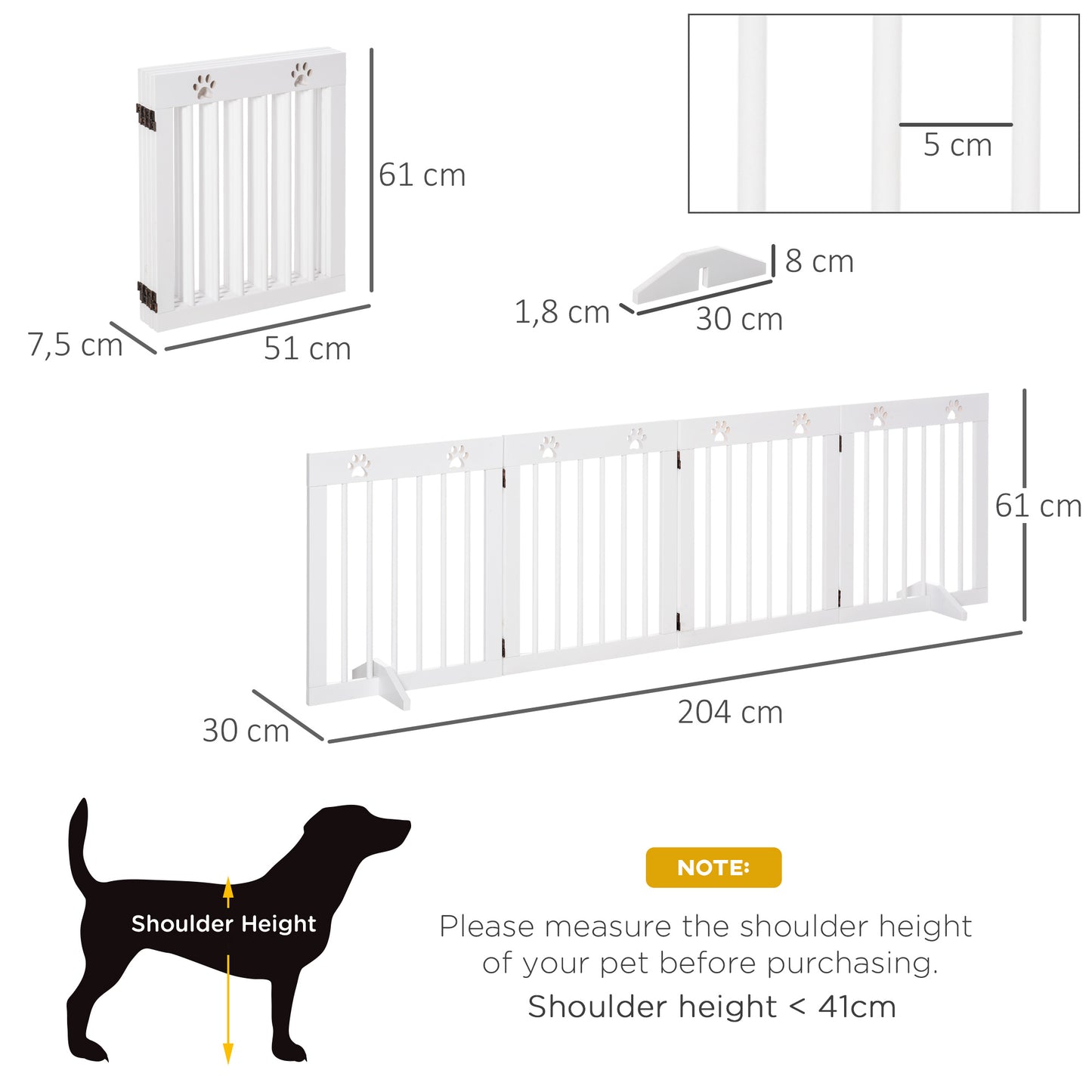 Freestanding Pet Gate 4 Panel Wooden Dog Barrier Folding Safety Fence with Support Feet up to 204cm