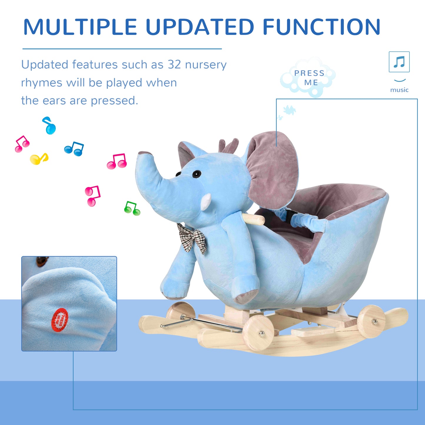 Elephant Rocking, Wooden Rocking Horse, w/Wheels and Sound - Blue