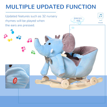 Elephant Rocking, Wooden Rocking Horse, w/Wheels and Sound - Blue