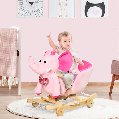 HOMCOM Elephant Rocking, Animal Rocker 2 in 1 Rocking Elephant Wooden W/Wheels and Sound - Pink 