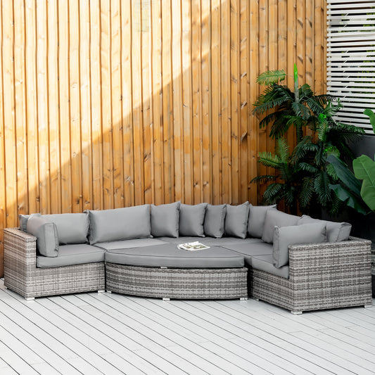 Outsunny 6 PCs Outdoor Rattan Wicker Sofa Set Half Round Patio Conversation Furniture Set w/ Cushions Grey 