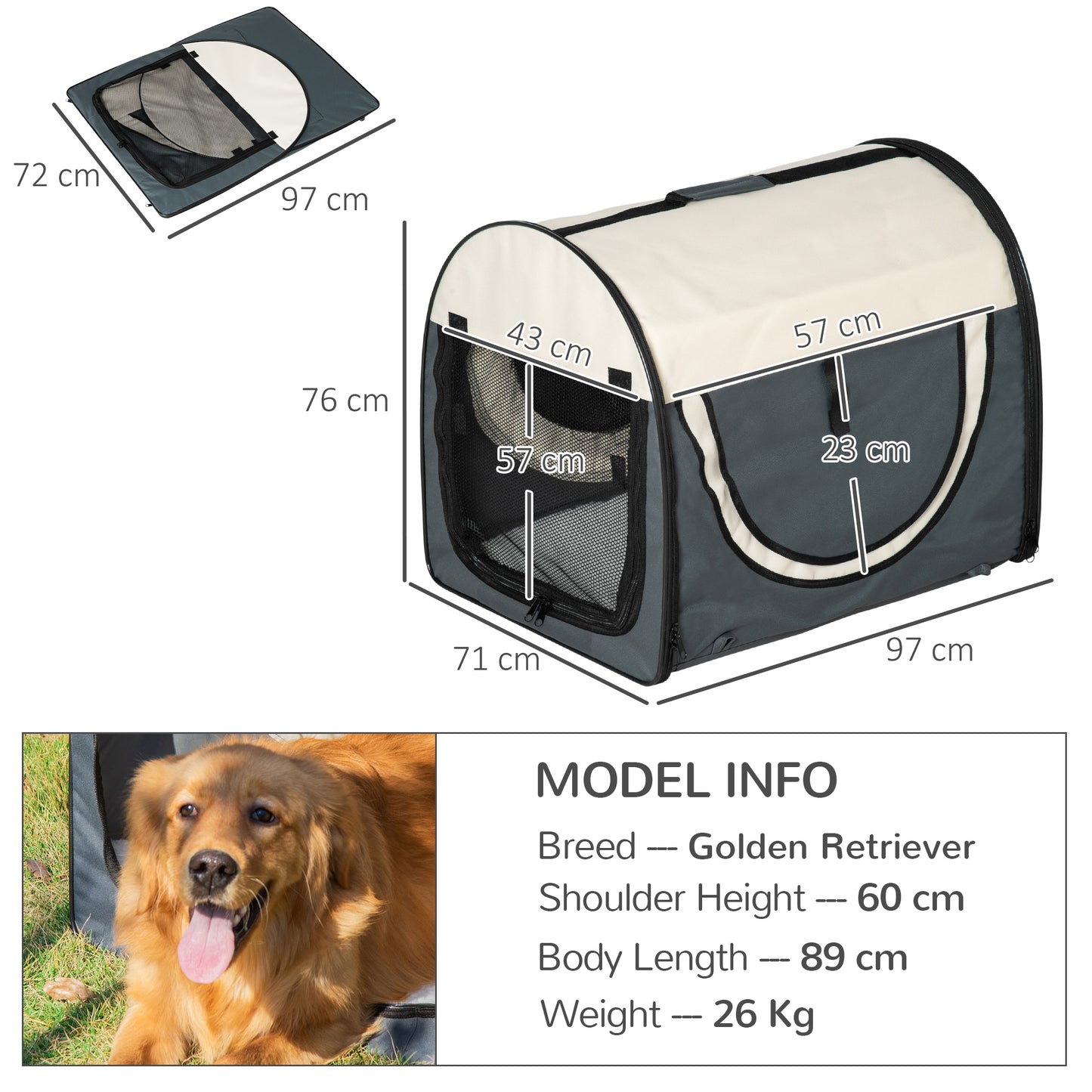 Large Medium Dog Crate Dog Carrier Dog Travel Crate Folding Fabric Soft 97Lx71Wx76Hcm-Grey