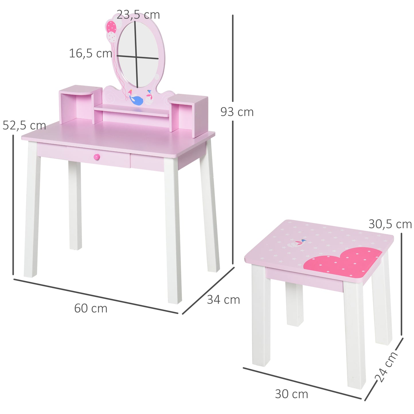 Kids Dressing Table W/Stool Set-Pink