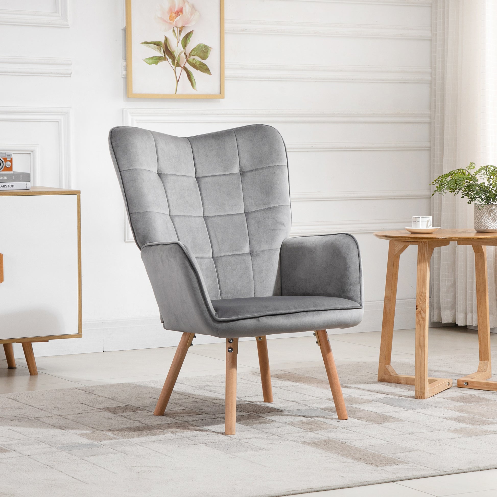 HOMCOM Grey Velvet Arm Chair, Tufted Living Room Chair with Wood Legs, Grey 