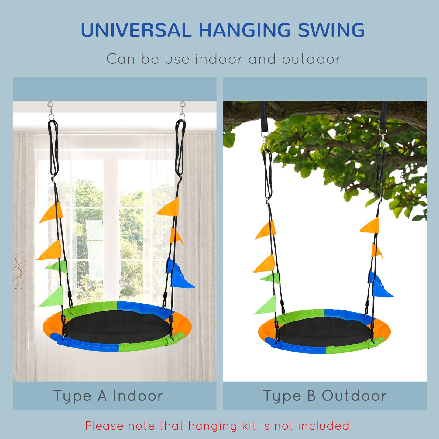 Saucer Tree Swing Set, Adjustable Rope, Steel Frame, Waterproof, Indoor Outdoor for Kids Over 3 Years Old