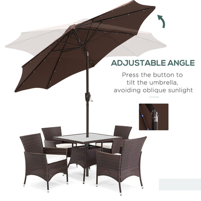 Φ2.7m Garden 24 LED Light Parasol Solar Outdoor Tilt Sun Umbrella Patio Club Party Event Manual Sun Shade w/Hand Crank 8 Ribs Brown/Coffee