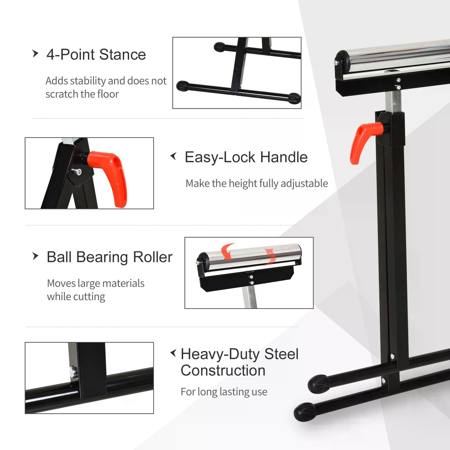 Folding Roller Stand, Material Support Pedestal with Ball Bearing Roller Height Adjustable Portable, Metal Construction, Black