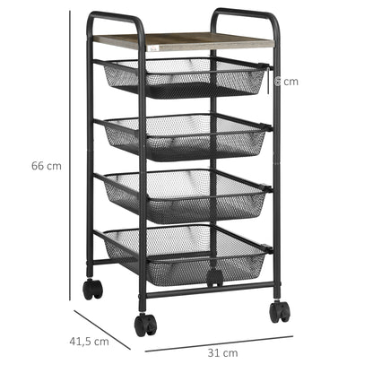 Kitchen Trolley on Wheels, Storage Trolley, Rolling Utility Serving Cart with 4 Mesh Trays for Living Room, Kitchen, Black