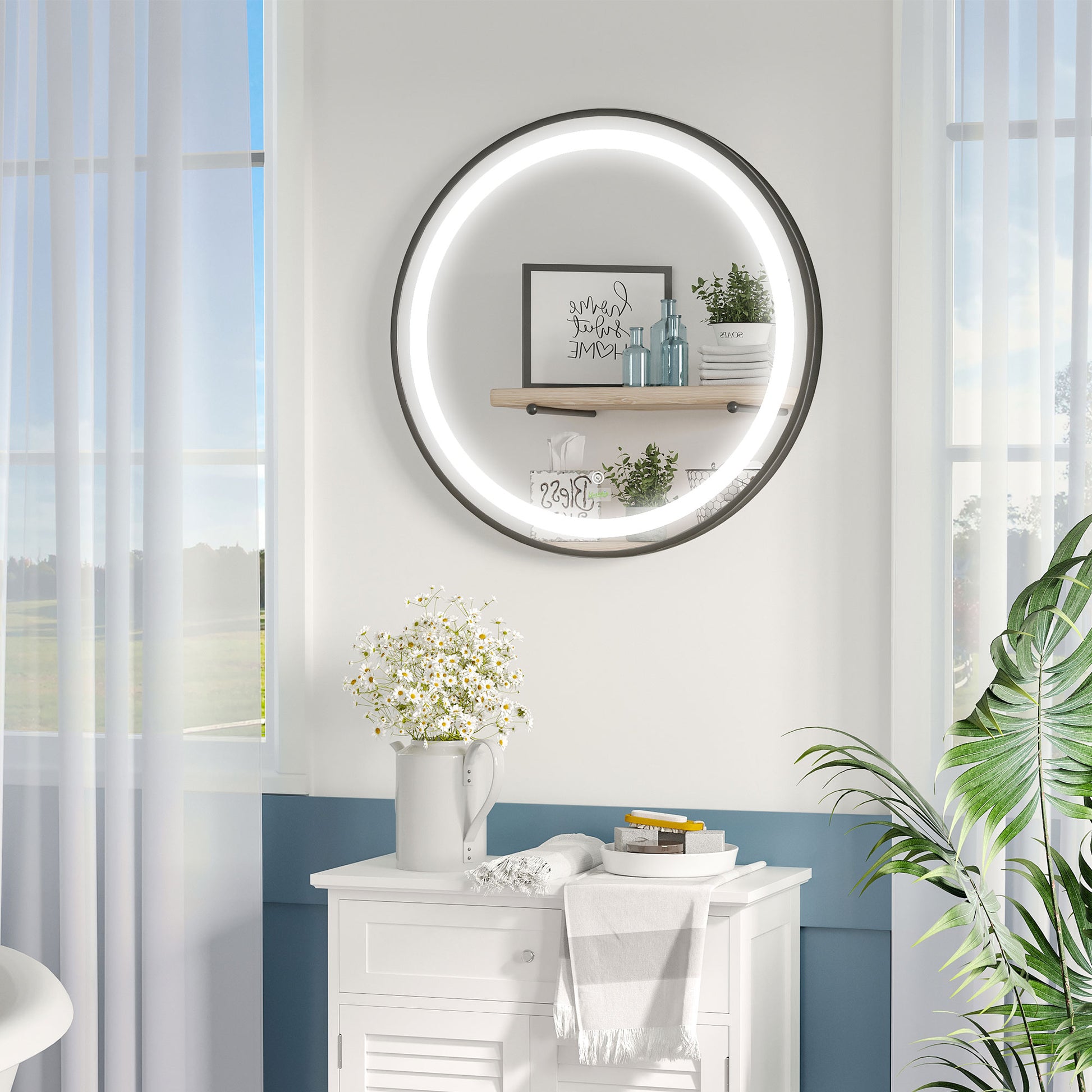 kleankin Round LED Bathroom Mirror, Dimmable Lighted Wall-Mounted Mirror with 3 Temperature Colours, Memory Function, Hardwired