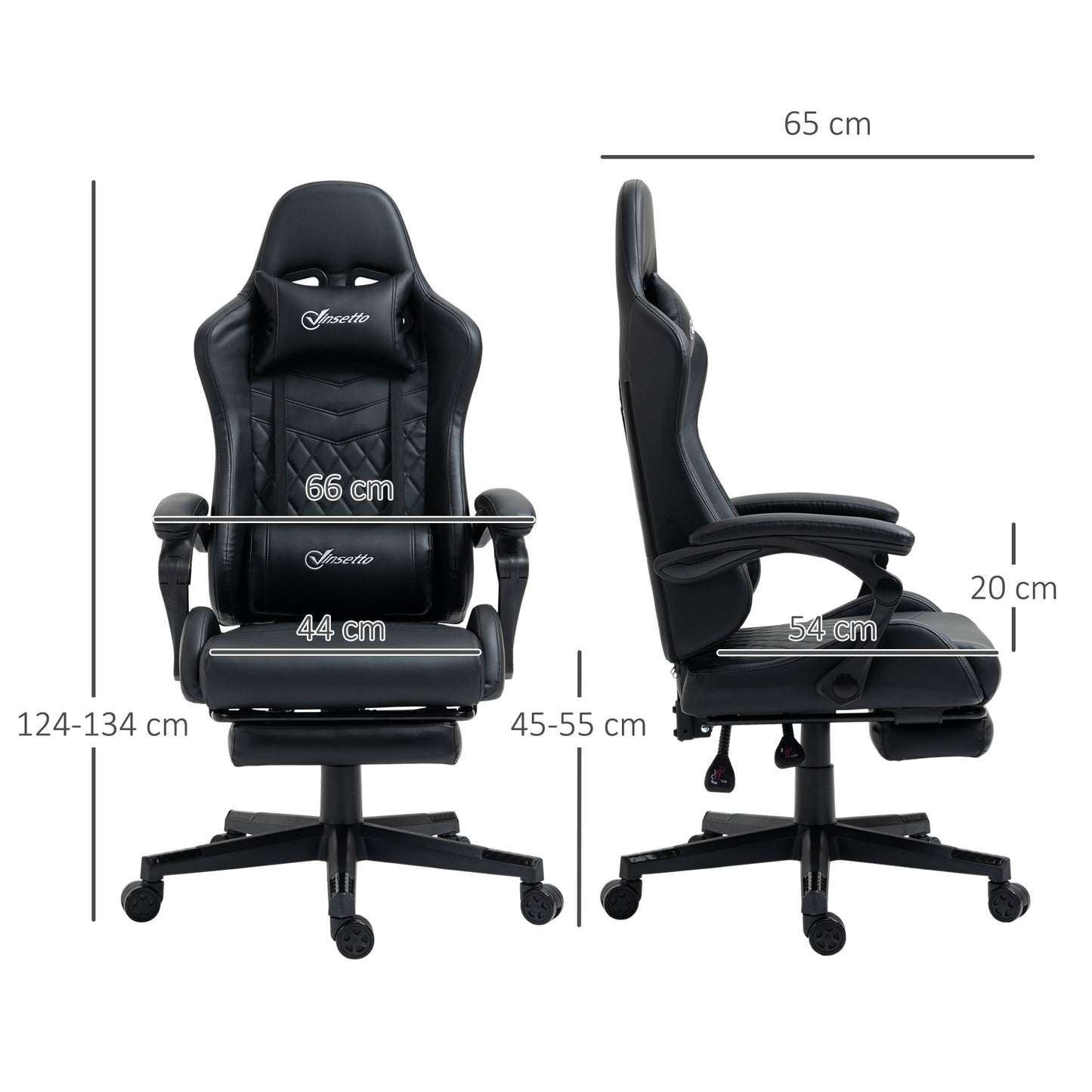 Reclining Gaming Chair with Footrest, Ergonomics, Swivel Wheel, , PVC Leather for Home Office, Black