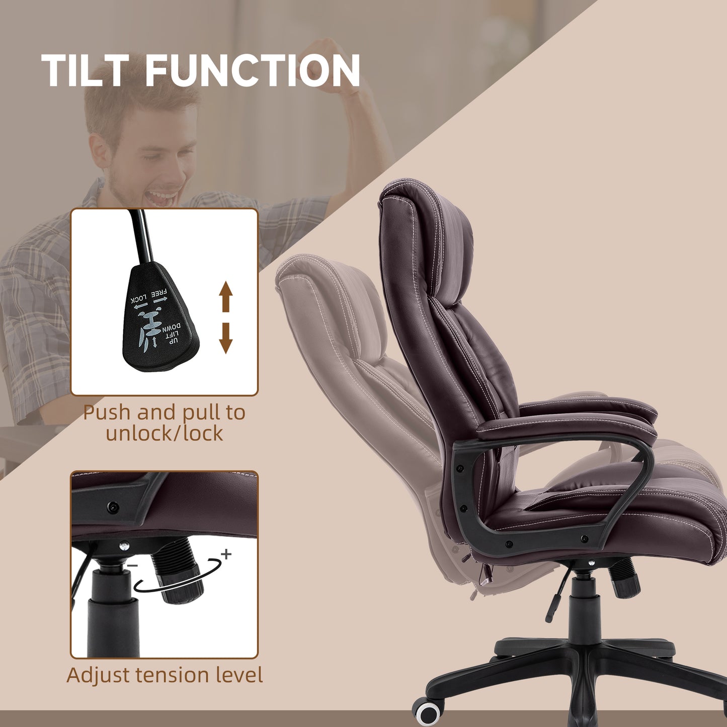 Brown Leather Office Chair,6- Point Vibration Massage Extra Padded Swivel Ergonomic Tilt Desk Seat