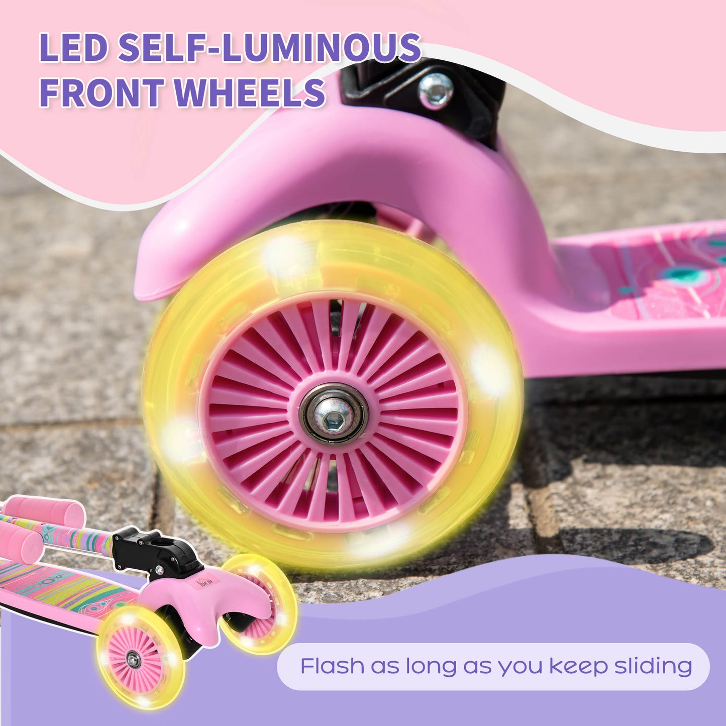 Toddler Scooter, 3 Wheel Scooter, Foldable Adjustable Height LED Flashing Wheels for Boys&Girls 3-8 Years Pink