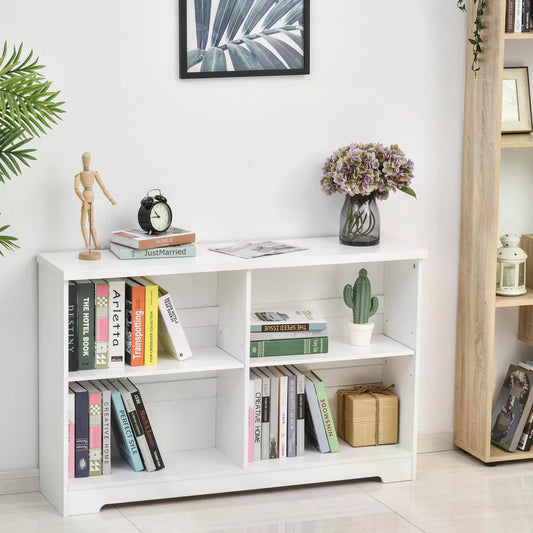 HOMCOM 2-Tier Low Bookcase, Wooden 4 Cube Shelving Display Storage Unit w/Adjustable Shelf, White  