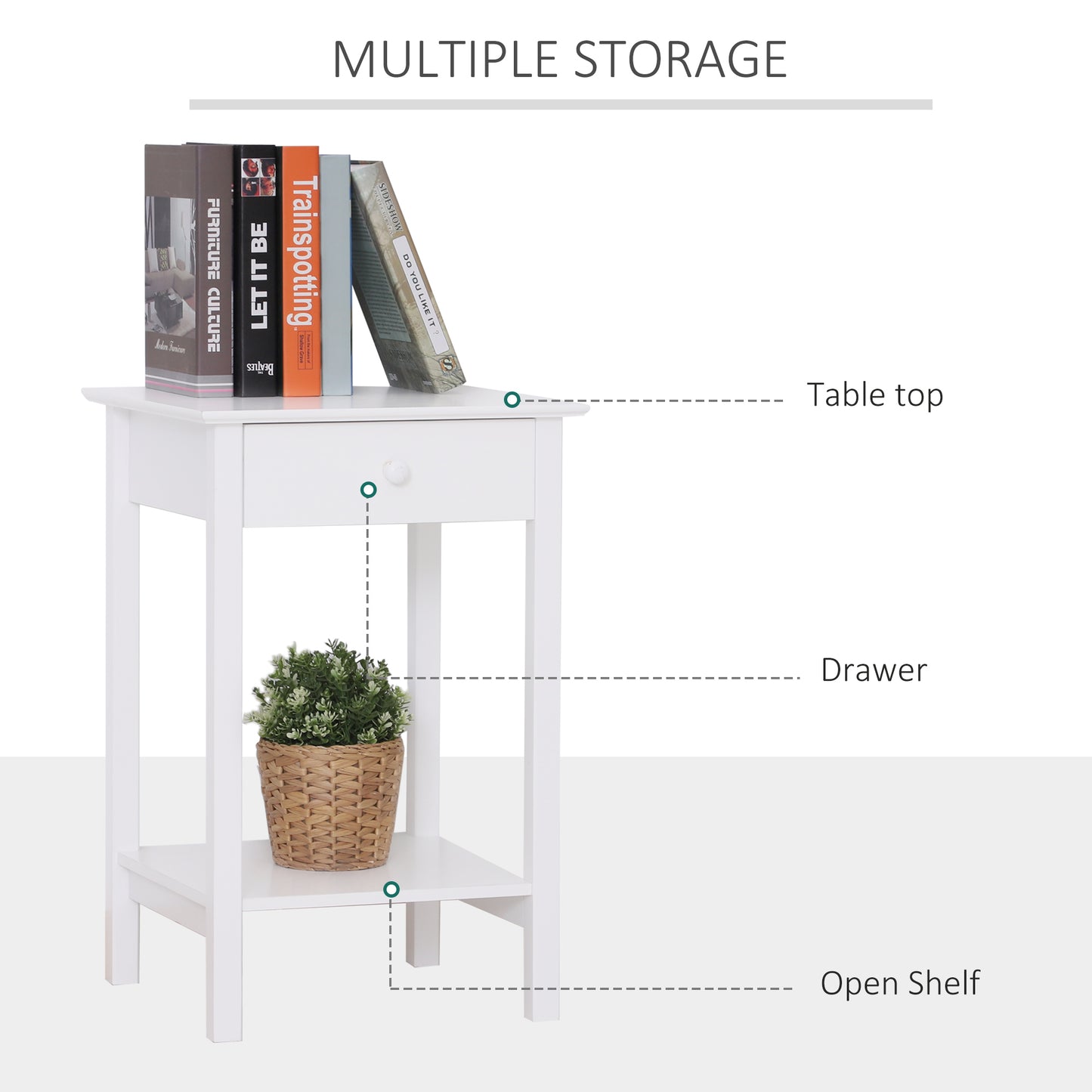 Plant Stand Table, Wooden W/ Drawer Shelf Storage Multipurpose End Side White