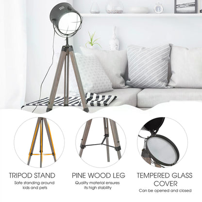 Floor Spotlight, Industrial Tripod Floor Lamp, Pine Wood, Tempered Glass Lens, Non-slip Feet w/Silver U-shaped Bracket, Bedside