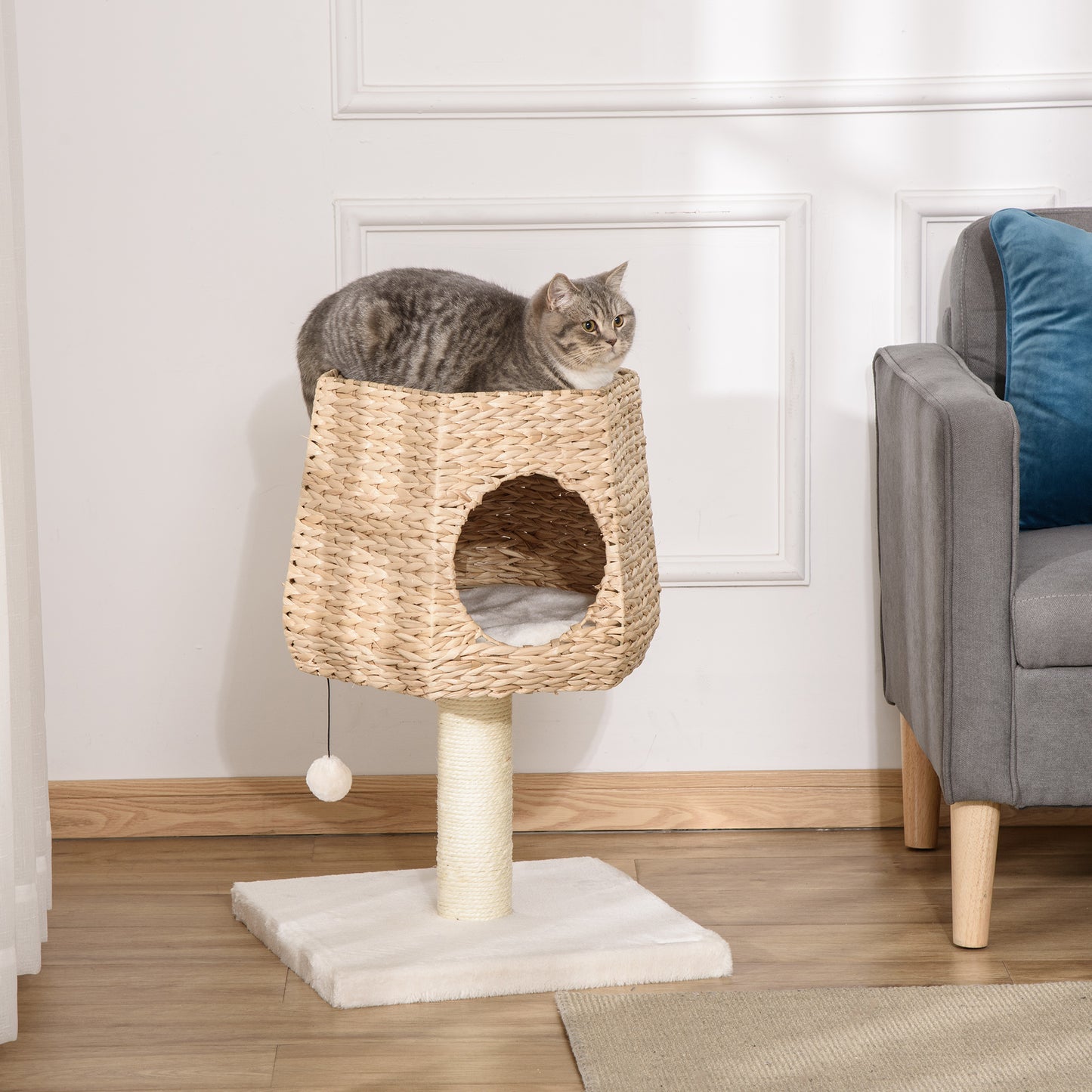 PawHut Cat Play Tower, for Kitten, with Scratching Post, Washable Cushion, Hanging Ball, 66cm, Natural 