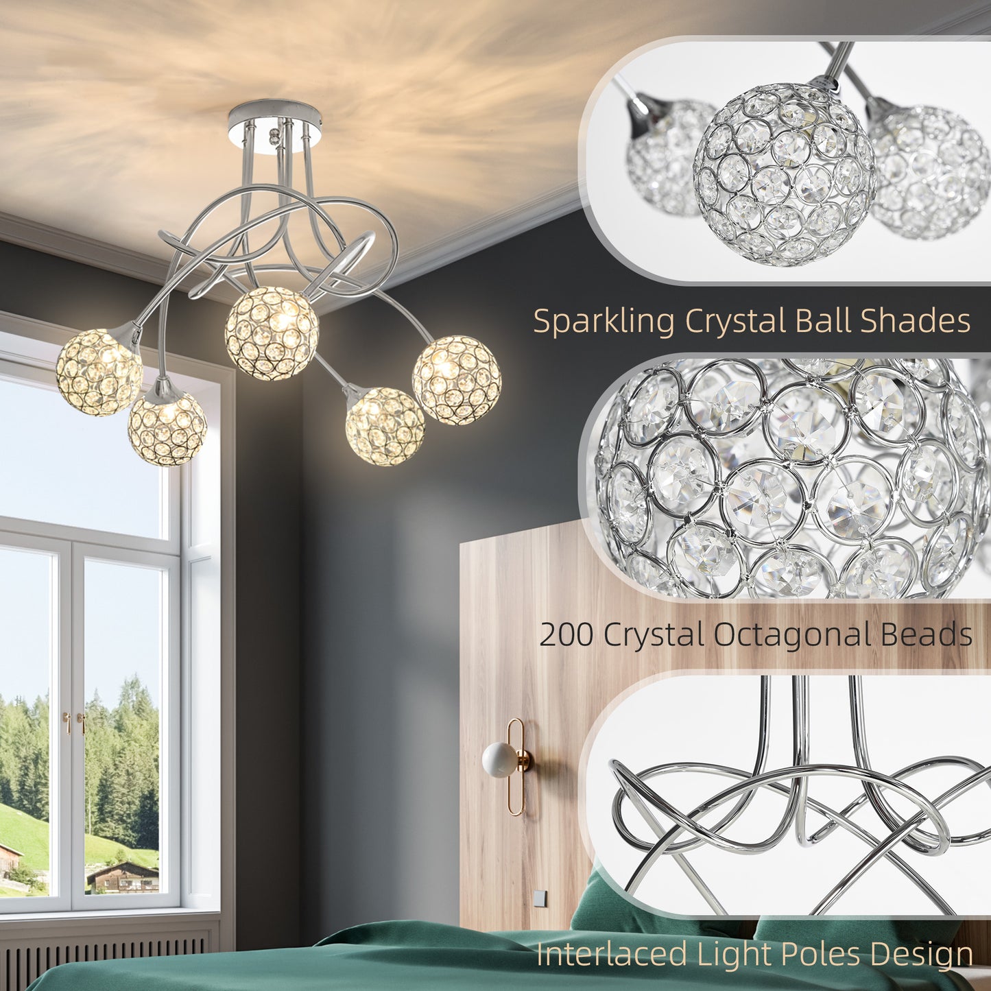 Modern Crystal Ball Chandelier Ceiling Light Pendant Light with 5 Lampshades 5 G9 Bulbs Required Silver